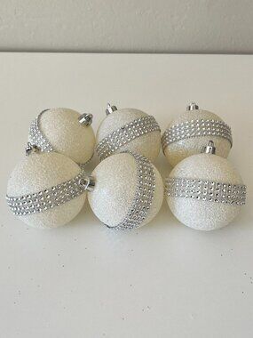 6 Piece White Pressed Glitter Ornaments with Rhinestone Ribbon Trim 5" Styrofoam